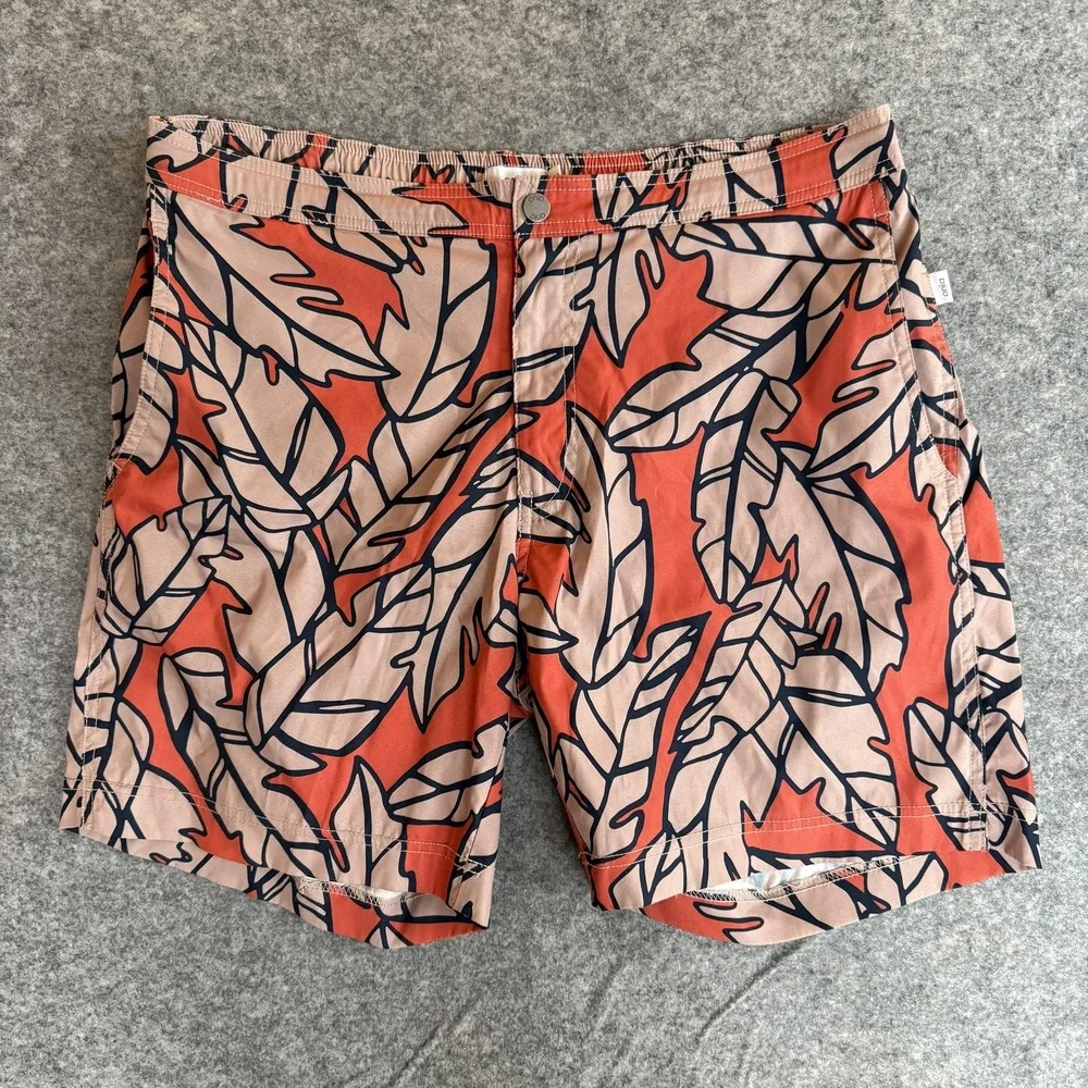Onia Swim Trunks Shorts Mens XL Orange Tan‎ Leaf Print The Calder Mesh Lined